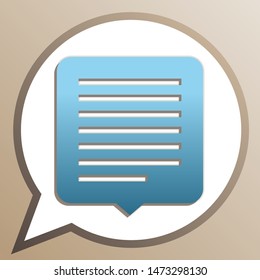 Text message sign illustration. Bright cerulean icon in white speech balloon at pale taupe background. Illustration.
