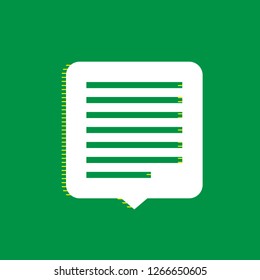 Text message sign illustration. Vector. White flat icon with yellow striped shadow at green background.