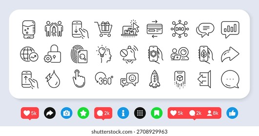 Text message, Sign out and Lock line icons pack. Social media: share, comment, like icons. Partnership, Hand click, Security app web icon. Vector