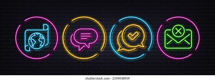Text message, Translation service and Approved minimal line icons. Neon laser 3d lights. Reject mail icons. For web, application, printing. Chat bubble, Business document, Chat message. Vector
