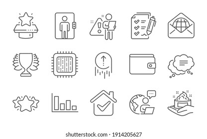 Text message, Winner podium and Winner line icons set. Histogram, Web mail and Money wallet signs. Swipe up, Cpu processor and Star symbols. Elevator, Skin care and Survey checklist. Vector