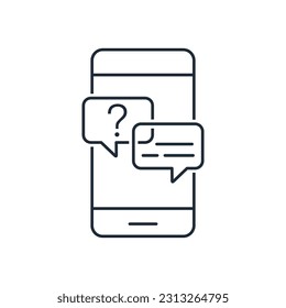 Text messages in cellphone screen  speech bubbles.  Customer service help desk with live support.Vector linear icon isolated on white background.