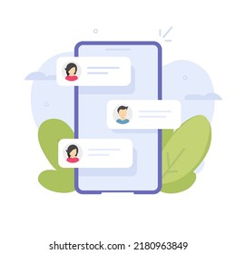 Text messages on cell phone chat vector notification or people digital talk sms on smartphone cellphone messenger app as online conversation man and woman modern illustration graphic image