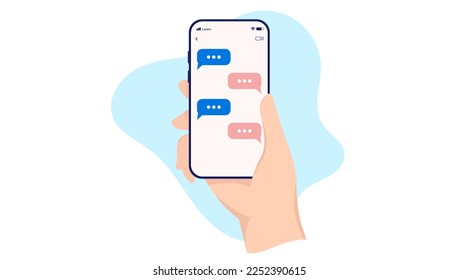 Text messages on mobile phone - Hand holding smartphone with abstract text communication on screen. Flat design vector illustration with white background