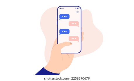 Textnachrichten auf dem Bildschirm - Hand, die Smartphone mit Textsymbolen auf dem Bildschirm hält. Flaches design, Vektorgrafik mit weißem Hintergrund