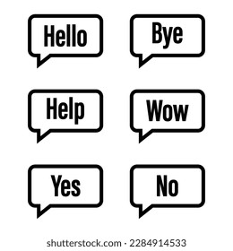 Text messages. Short reactions. Hello, bye, help, wow, yes and no texts. Messaging texting or chatting. Vector