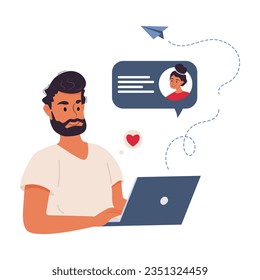Ilustración del concepto de mensajería de texto. Charlas y mensajes. Hombre y mujer charlando en la computadora. Ilustración vectorial plana.
