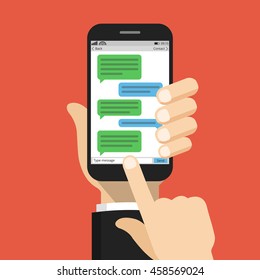 Text messaging concept on the screen smartphone. Vector flat illustration.