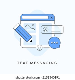 Text messaging flat line concept illustration of a web browser window with pencil icon and a speech bubble. Chatting and texting app concept.