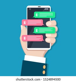 Text messaging in phone hand. Mobile chatting conversation, person hands with smartphone and messages, vector cellphone texting chat