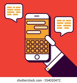 Text Messaging with Smart Phone Illustration in Flat Linear Vector Style
