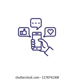 Icono de línea de mensajería de texto, Smartphone, aplicación, emoji. Concepto de comunicación. La ilustración vectorial puede utilizarse para temas como tecnología, dispositivos, medios sociales
