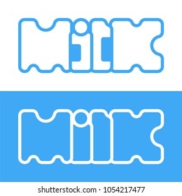 Text milk isolated on a blue and white background. Conceptual product logo. Simple flat vector illustration, eps 10.