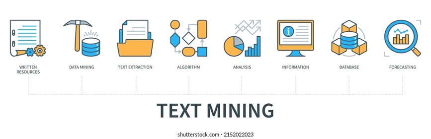 Text mining concept with icons. Written resources, data mining, text extraction, algorithm, analysis, information, database, forecasting icons. Web vector infographic in minimal flat line style