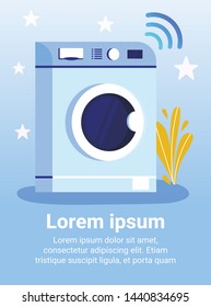 Text Mobile Oriented Banner Offering Smart Washer. Smartphone Managed Washing Machine Advertisement. Household Appliances with Remote Control for Smart-House. Vector Illustration in Cartoon Flat Style