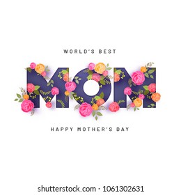 Text Mom decorated with beautiful, colorful flowers on white background.