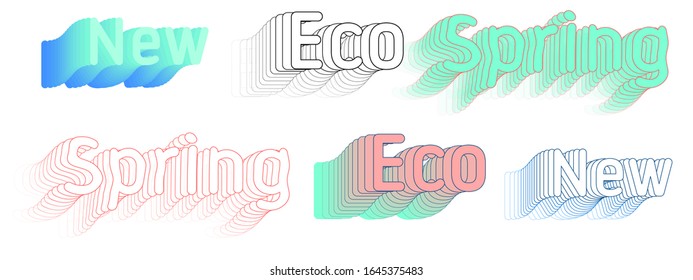 Text in motion style with New, Eco, Spring words for web site, vintage banner, postcard, sticker set. Retro font with outline lettering in geeky design. White isolated stock vector illustration