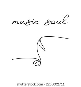 Text Music Soul vector poster with note icon one line continuous drawing. Inspirational handwritten lettering, phrase, quote, slogan. Design for print, banner, wall art, poster, card.