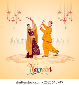  The text Navratri  along with festive scenes of Garba or Dandiya Raas dancers in traditional attire depictions of Goddess Durga lit diyas and colorful decorations or rangoli