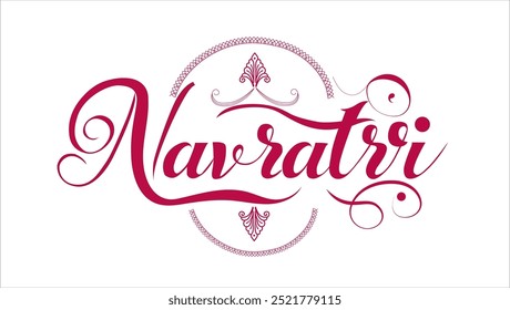 the text Navratri written in a stylized calligraphic font. The font is maroon in color and has decorative flourishes The word is surrounded by a circular border with intricate designs