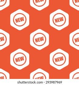 Text NEW in circle, in white hexagon, repeated on orange background