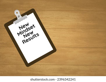 Text New Mindset New Results on illustration note pad with wooden background.