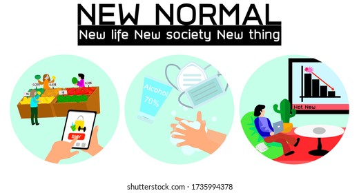 The text new normal, in the black bar contains the words "new life, new society, new things" which consists shopping online, shipping services, stay home,work from home, health care (vector style)