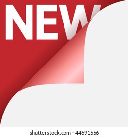 Text new on red background under curled glossy corner of paper