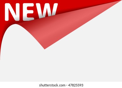 Text new on red background under curled glossy corner of paper