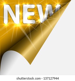 Text new under  curled corner of golden paper