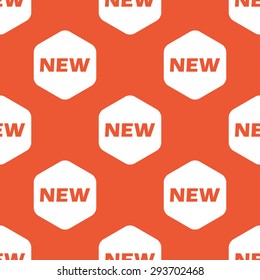 Text NEW in white hexagon, repeated on orange background