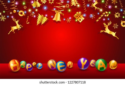 text of New Year and Christmas festival celebration,red background and gold elements on copy space which were design for decorative xmas tree,greeting card and party invitation for celebration