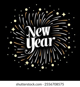  The text New Year written in a decorative font  The text is surrounded by a burst of fireworks, with white and gold lines radiating outwards The background is black making the fireworks and text 