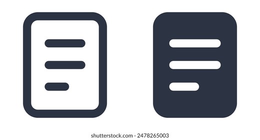 Text note or document icons set designed in filled, outline, line and stroke style