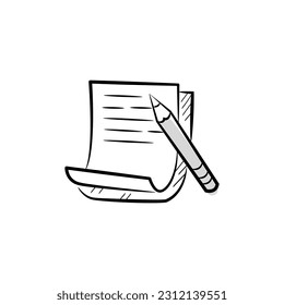 Texto, notas, copiloto, escritor, manuscrito, lápiz, corrector, revisión. Icono de vector circular en estilo de doodle.