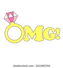 Text Omg with Diamond Ring Bachelorette Party Temporary Sticker or Badge in Retro Groovy Style