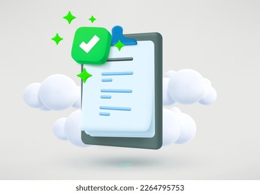 Text on the clipboard. Approved business report concept with check mark. 3d vector illustration