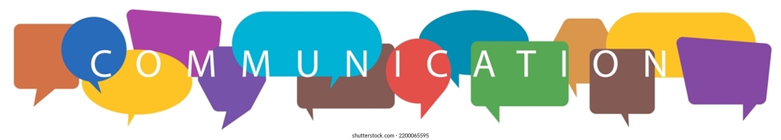 Text on a illustration COMMUNICATION. Flat style. Word communication with colorful multicolored dialog speech bubbles. Vector illustration of communication concept on white isolated background.