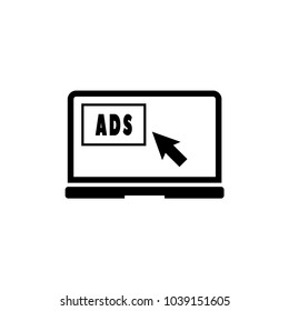 Text on Laptop screen ADS. Simple flat symbol on white background
