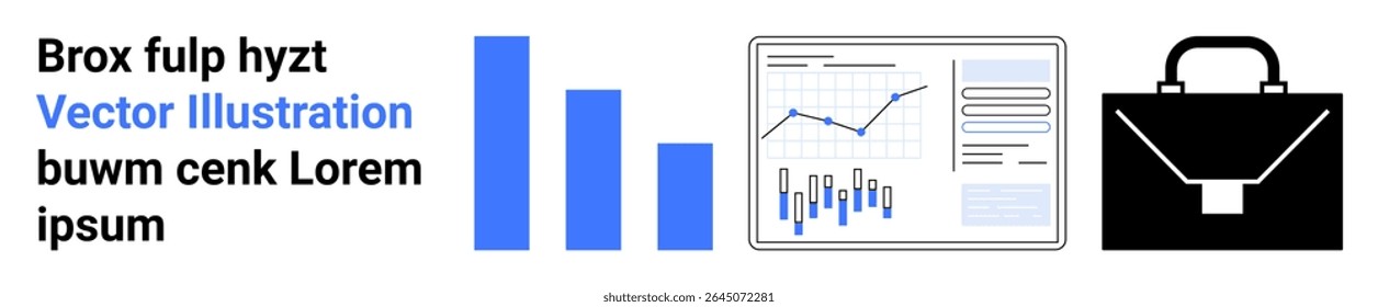 Text on left, bar chart, analytics graph, and black briefcase. Ideal for professional use, business analysis, data presentation, market research, corporate design, finance, reports. Landing page