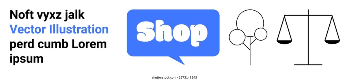 Text on left, blue speech bubble with Shop in middle, tree and balance scale on right. Ideal for business, shopping, nature balance, e-commerce, marketing concepts. Banner for landing page