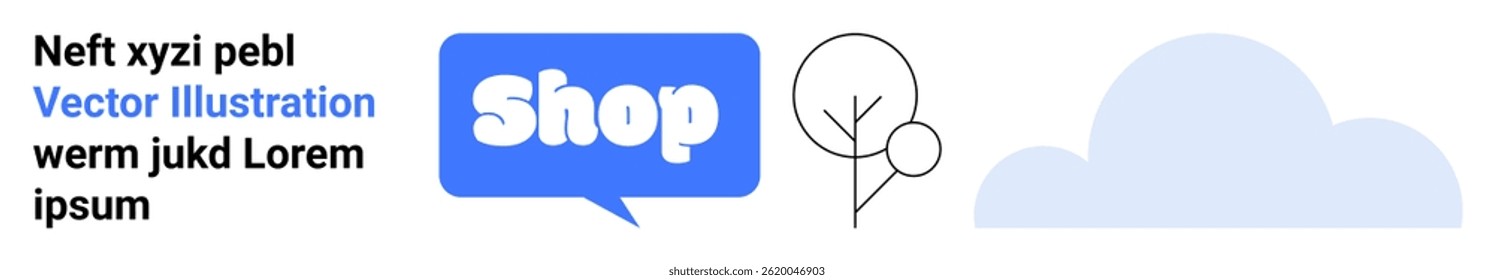 Text on the left, a blue speech bubble with the word shop, a minimalistic tree, and a blue cloud. Ideal for e-commerce, online shopping, cloud storage, minimalistic design, nature-themed websites