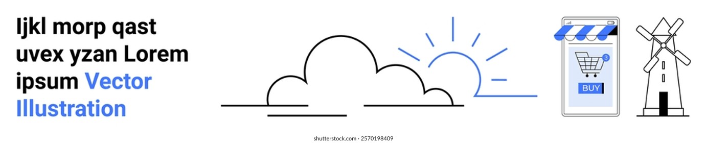 Text on left, cloud with rays in center, store app icon on phone and windmill on right. Ideal for technology, e-commerce, renewable energy, cloud computing, futuristic design. Banner for landing page