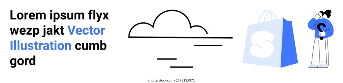 Text on the left, clouds in the center, and a shopping bag with a person on the right. Ideal for e-commerce, online shopping, cloud technology, vector art, and marketing materials. Landing page