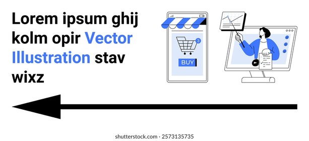 Text on left with e-commerce image showing a shopping cart button and a woman analyzing data on a computer screen. Ideal for online shopping, data analysis, digital marketing, technology, business