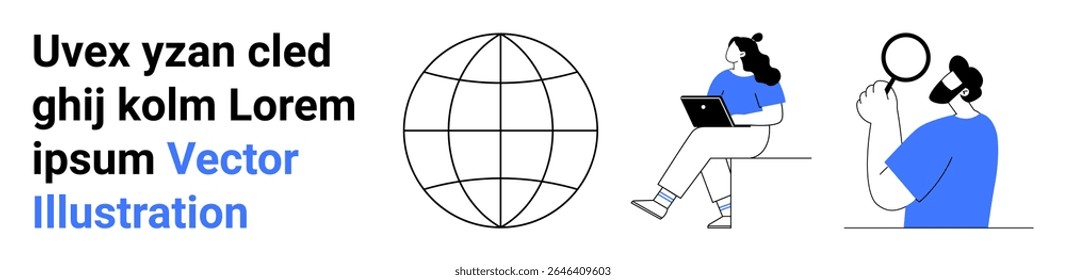 Text on left, globe in center, person using laptop, person with magnifying glass. Ideal for technology, internet, communication, global network, online education, digital research, modern design