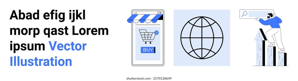 Text on the left, an online shopping cart on a smartphone in the middle, a globe, and a man analyzing graphs on the right. Ideal for e-commerce, globalization, technology, data analysis, business