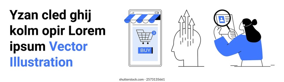 Text on the left, an online shopping cart icon in the center, and a person analyzing data on the right. Ideal for digital marketing, e-commerce, business growth, online shopping, and data analysis