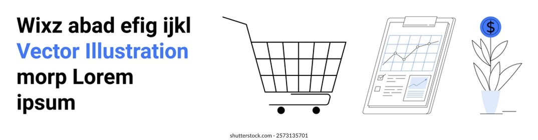 Text on the left with a shopping cart in the center, a finance graph on a clipboard, and a plant with a dollar sign. Ideal for business, finance, growth, e-commerce, analytics. Banner for landing