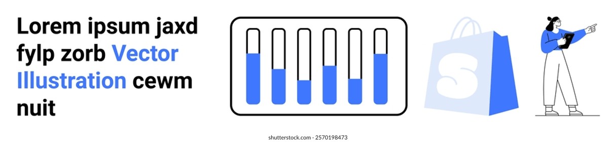 Text on the left side. Center shows a bar chart colored in blue and black. An individual with a shopping bag on right. Ideal for business, e-commerce, analytics, marketing, finance. Landing page